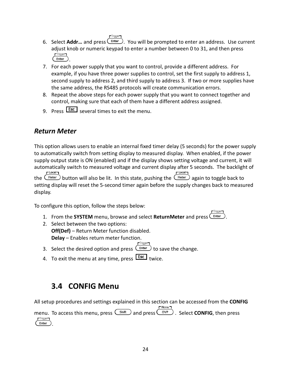 Return meter, 4 config menu, Config menu | B&K Precision 9116 - Manual User Manual | Page 37 / 74