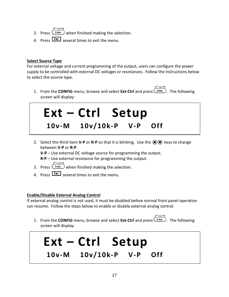 Select source type, Enable/disable external analog control, Ext – ctrl setup | B&K Precision 9116 - Manual User Manual | Page 40 / 74