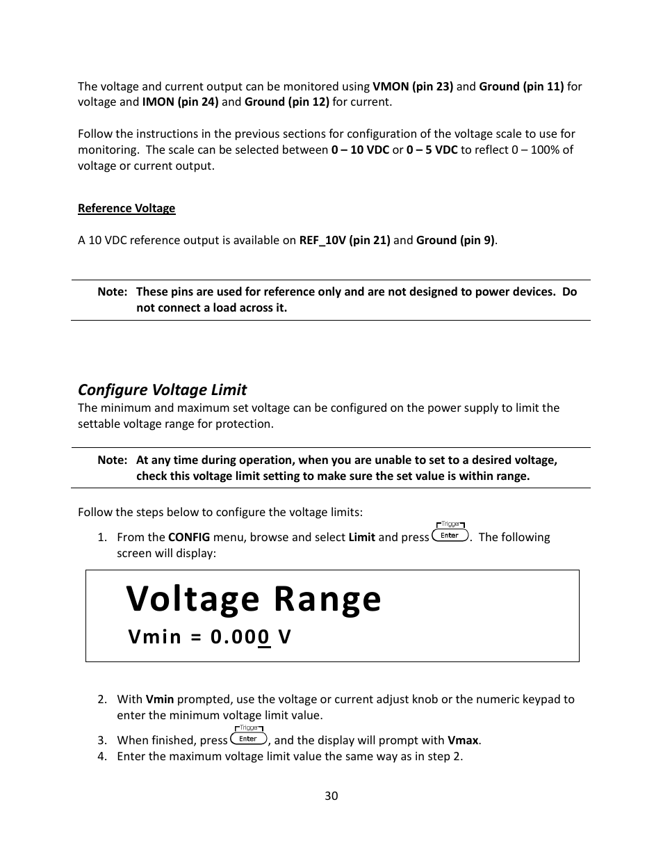 Reference voltage, Configure voltage limit, Voltage range | Vmin = 0.000 v | B&K Precision 9116 - Manual User Manual | Page 43 / 74