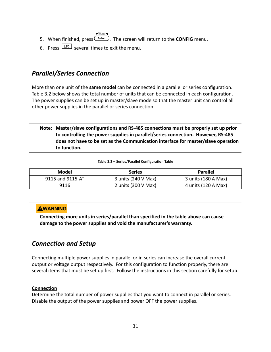 Parallel/series connection, Connection and setup, Connection | B&K Precision 9116 - Manual User Manual | Page 44 / 74