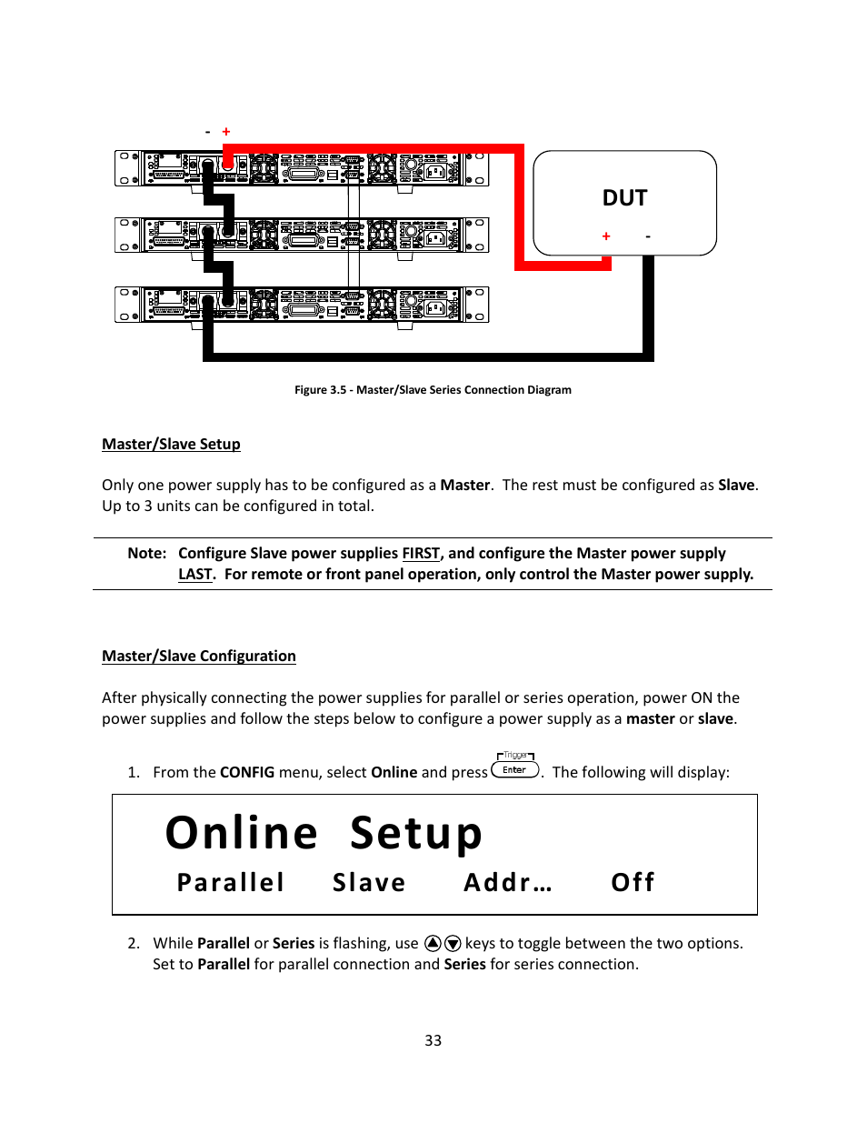 Master/slave setup, Master/slave configuration, Online setup | Parallel slave addr… off | B&K Precision 9116 - Manual User Manual | Page 46 / 74
