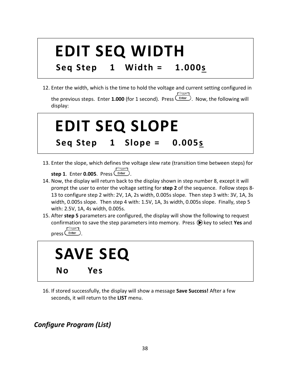 Configure program (list), Save seq, Edit seq slope | Edit seq width, No yes | B&K Precision 9116 - Manual User Manual | Page 51 / 74