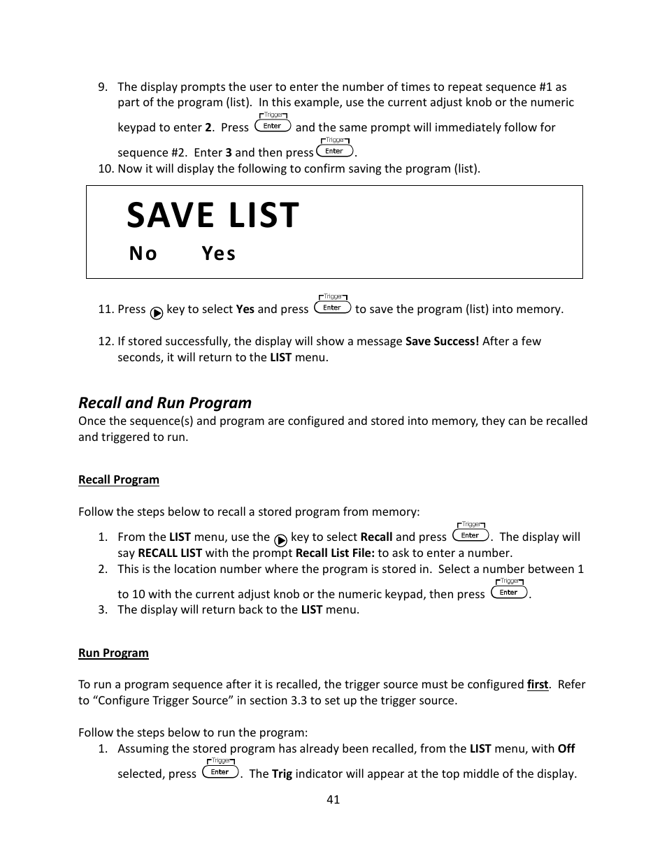 Recall and run program, Recall program, Run program | Save list, No yes | B&K Precision 9116 - Manual User Manual | Page 54 / 74