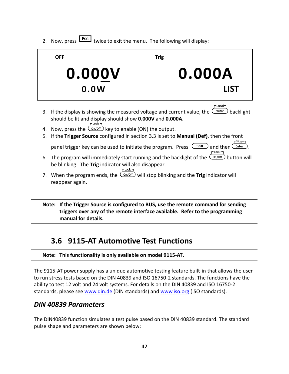 6 9115-at automotive test functions, Din 40839 parameters, 9115-at automotive test functions | List | B&K Precision 9116 - Manual User Manual | Page 55 / 74