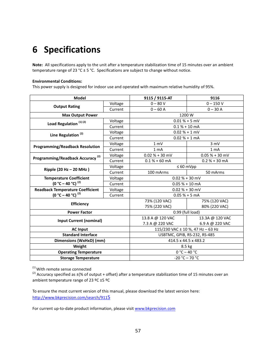 6 specifications, Specifications, 6specifications | B&K Precision 9116 - Manual User Manual | Page 70 / 74