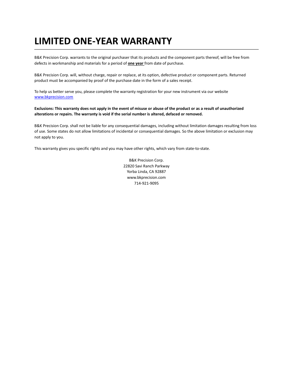 Limited one-year warranty | B&K Precision 9116 - Manual User Manual | Page 73 / 74