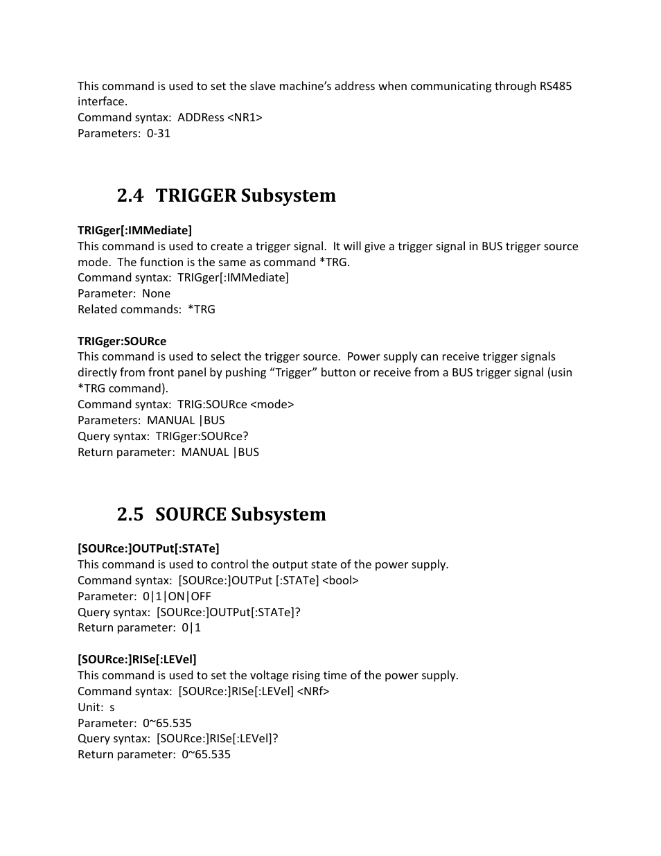 4 trigger subsystem, 5 source subsystem, Trigger subsystem | Source subsystem | B&K Precision 9116 - Programming Manual User Manual | Page 15 / 23