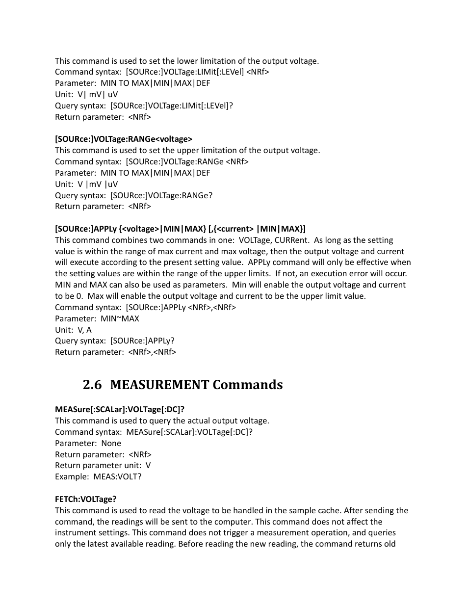 6 measurement commands, Measurement commands | B&K Precision 9116 - Programming Manual User Manual | Page 18 / 23