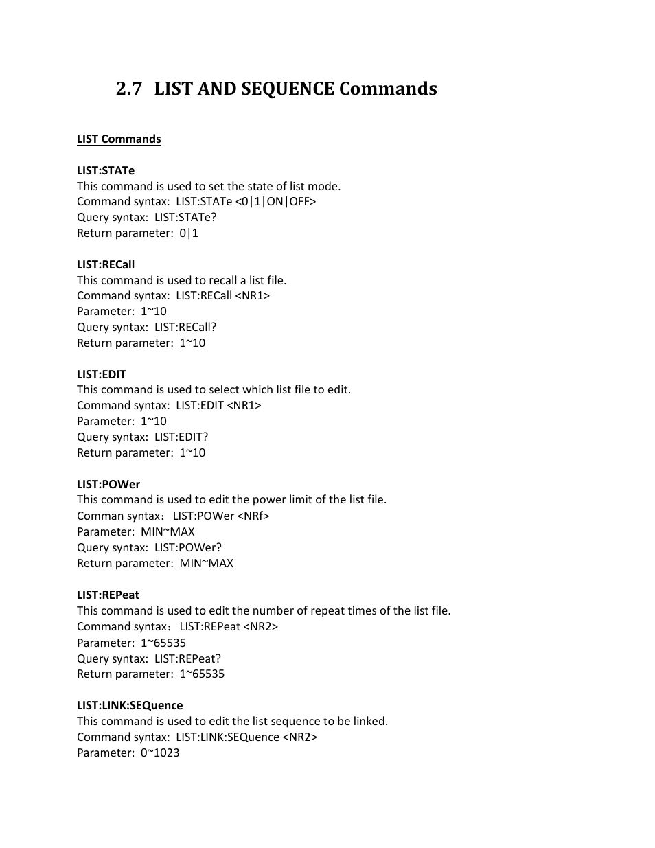 7 list and sequence commands, List and sequence commands | B&K Precision 9116 - Programming Manual User Manual | Page 20 / 23