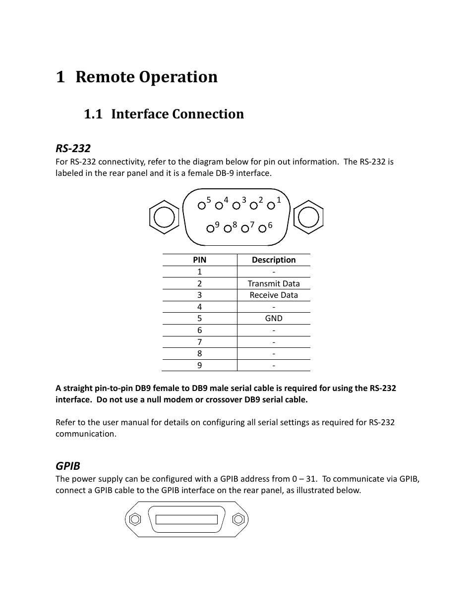1 remote operation, 1 interface connection, Rs-232 | Gpib, Remote operation, Interface connection | B&K Precision 9116 - Programming Manual User Manual | Page 4 / 23