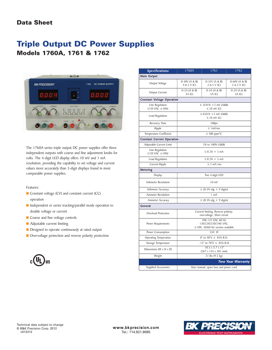B&K Precision 1762 - Datasheet User Manual | 1 page