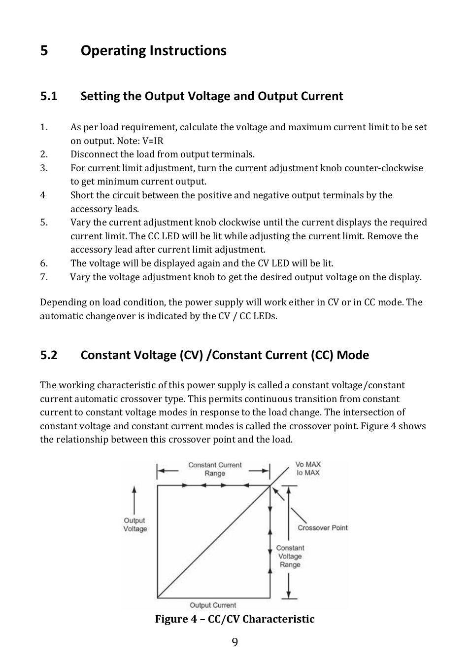 Operating instructions, Setting the output voltage and output current, Constant voltage (cv) /constant current (cc) mode | 5operating instructions, 1 setting the output voltage and output current | B&K Precision 1673 - Manual User Manual | Page 11 / 23