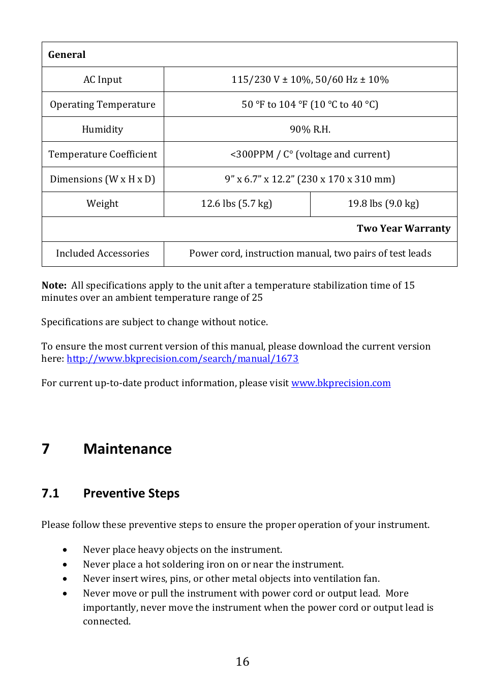 Maintenance, Preventive steps, 7maintenance | 1 preventive steps | B&K Precision 1673 - Manual User Manual | Page 18 / 23