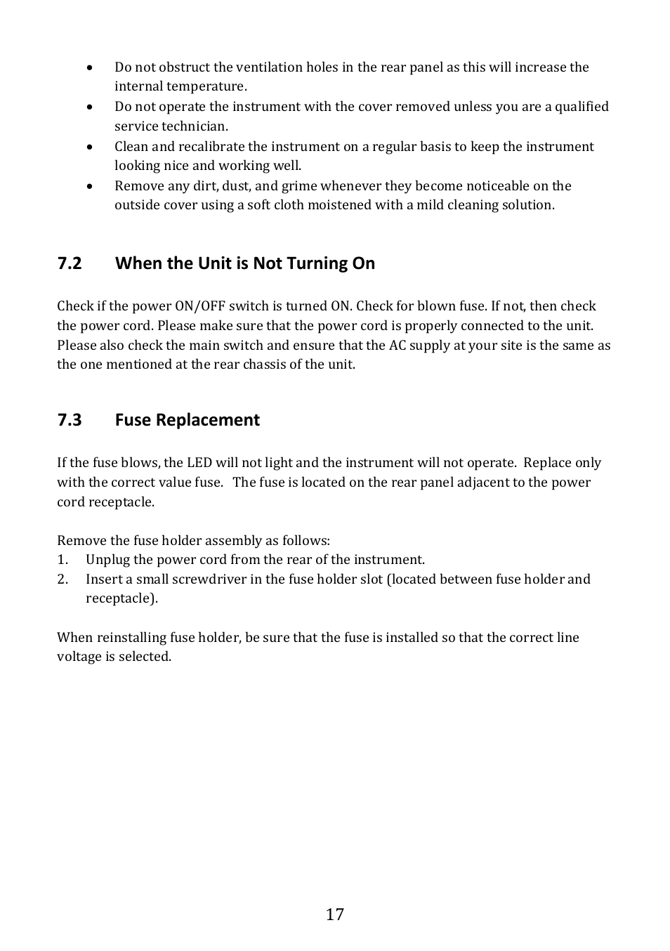 When the unit is not turning on, Fuse replacement, 2 when the unit is not turning on | 3 fuse replacement | B&K Precision 1673 - Manual User Manual | Page 19 / 23