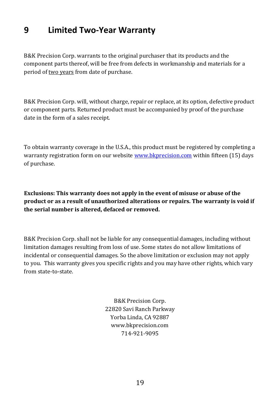Limited two-year warranty, 9limited two-year warranty | B&K Precision 1673 - Manual User Manual | Page 21 / 23
