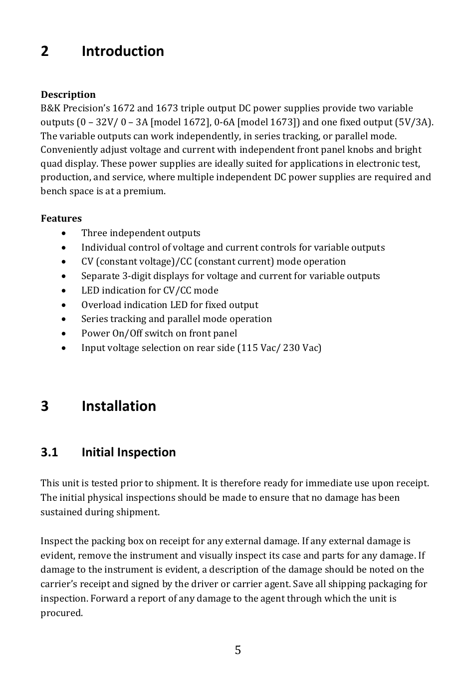 Introduction, Installation, Initial inspection | 2introduction, 3installation, 1 initial inspection | B&K Precision 1673 - Manual User Manual | Page 7 / 23