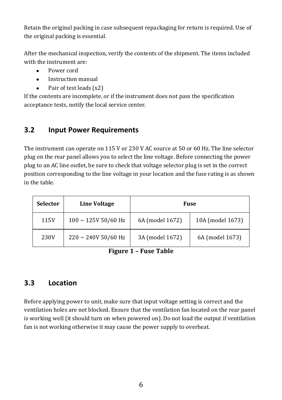 Input power requirements, Location, 2 input power requirements | 3 location | B&K Precision 1673 - Manual User Manual | Page 8 / 23