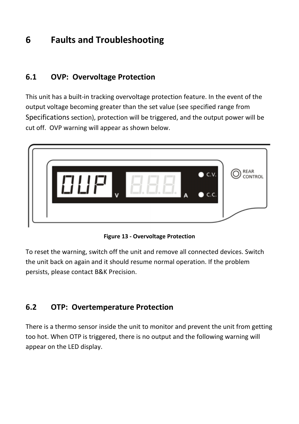 1 ovp: overvoltage protection, 2 otp: overtemperature protection, Faults and troubleshooting | Ovp: overvoltage protection, Otp: overtemperature protection, 6faults and troubleshooting | B&K Precision 1688B - Manual User Manual | Page 33 / 42