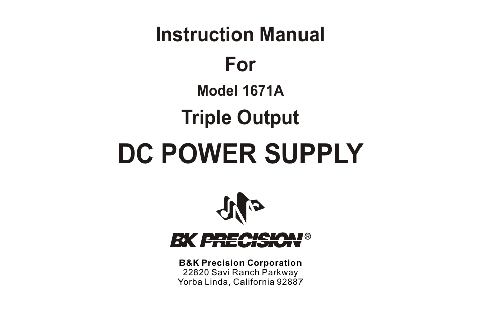頁面 3, Dc power supply, Instruction manual for | Triple output | B&K Precision 1671A - Manual User Manual | Page 3 / 22