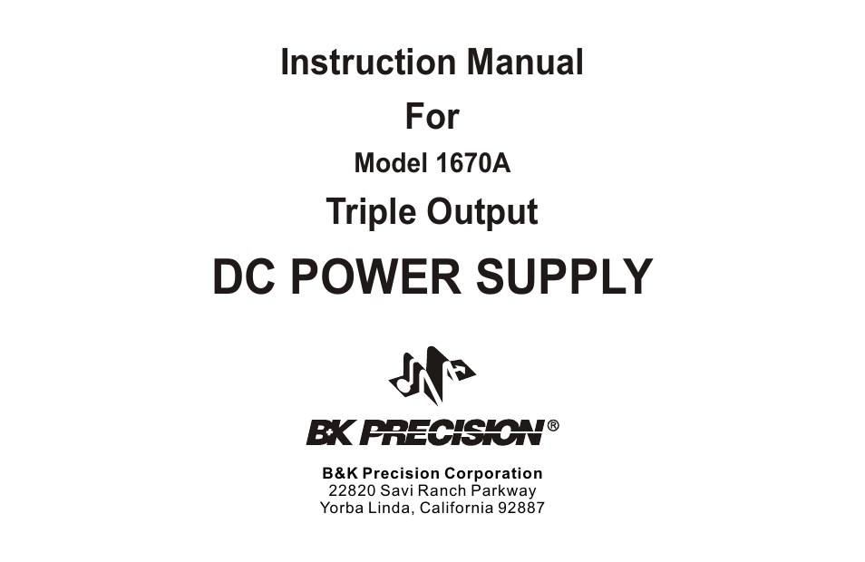 頁面 3, Dc power supply, Instruction manual for | Triple output | B&K Precision 1670A - Manual User Manual | Page 3 / 22