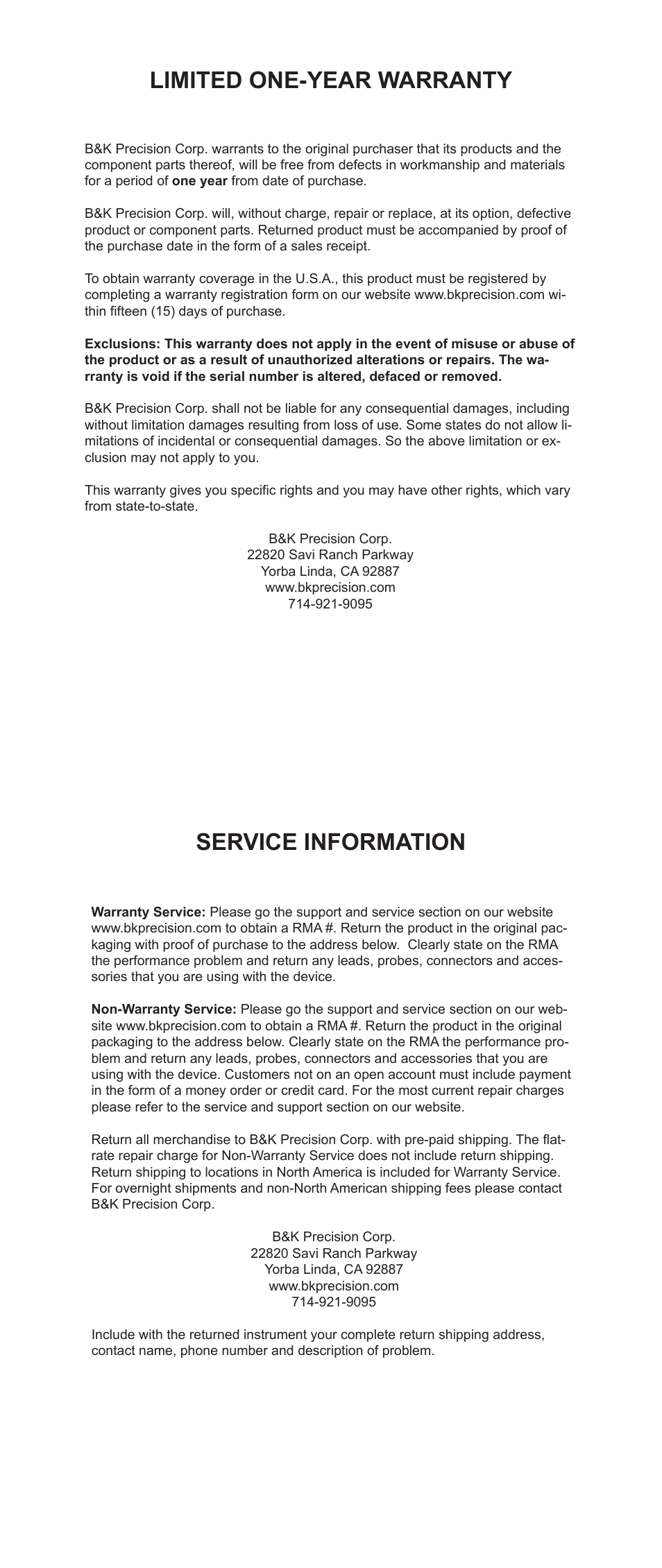 Limited one-year warranty, Service information | B&K Precision 1680 - Manual User Manual | Page 5 / 6