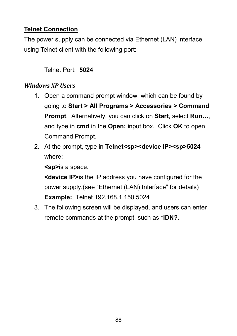 Telnet connection, Windows xp users | B&K Precision 9171-9174 - Manual User Manual | Page 100 / 187