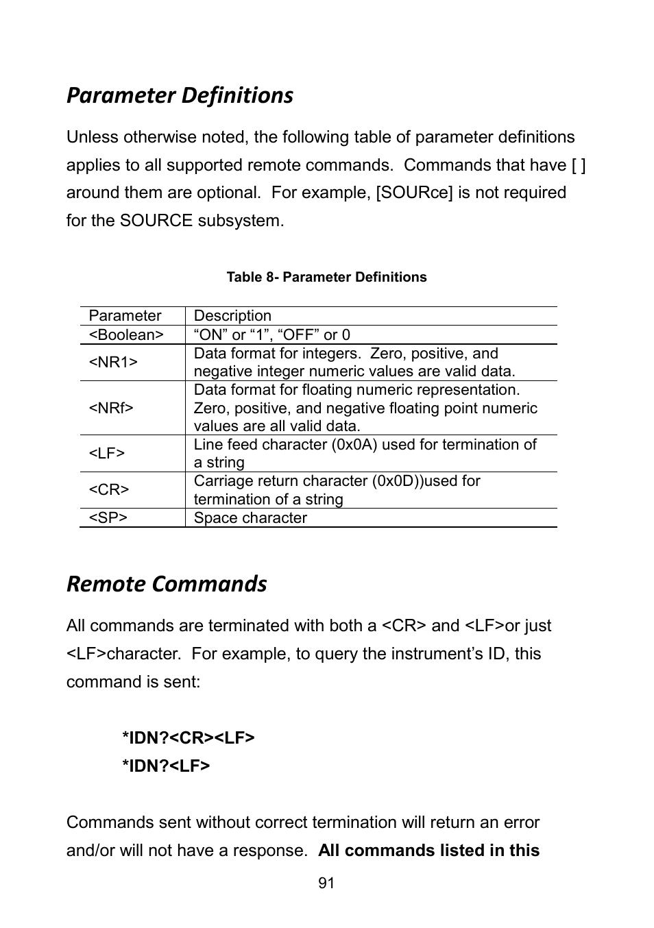 Parameter definitions, Remote commands, Parameter definitions remote commands | B&K Precision 9171-9174 - Manual User Manual | Page 103 / 187