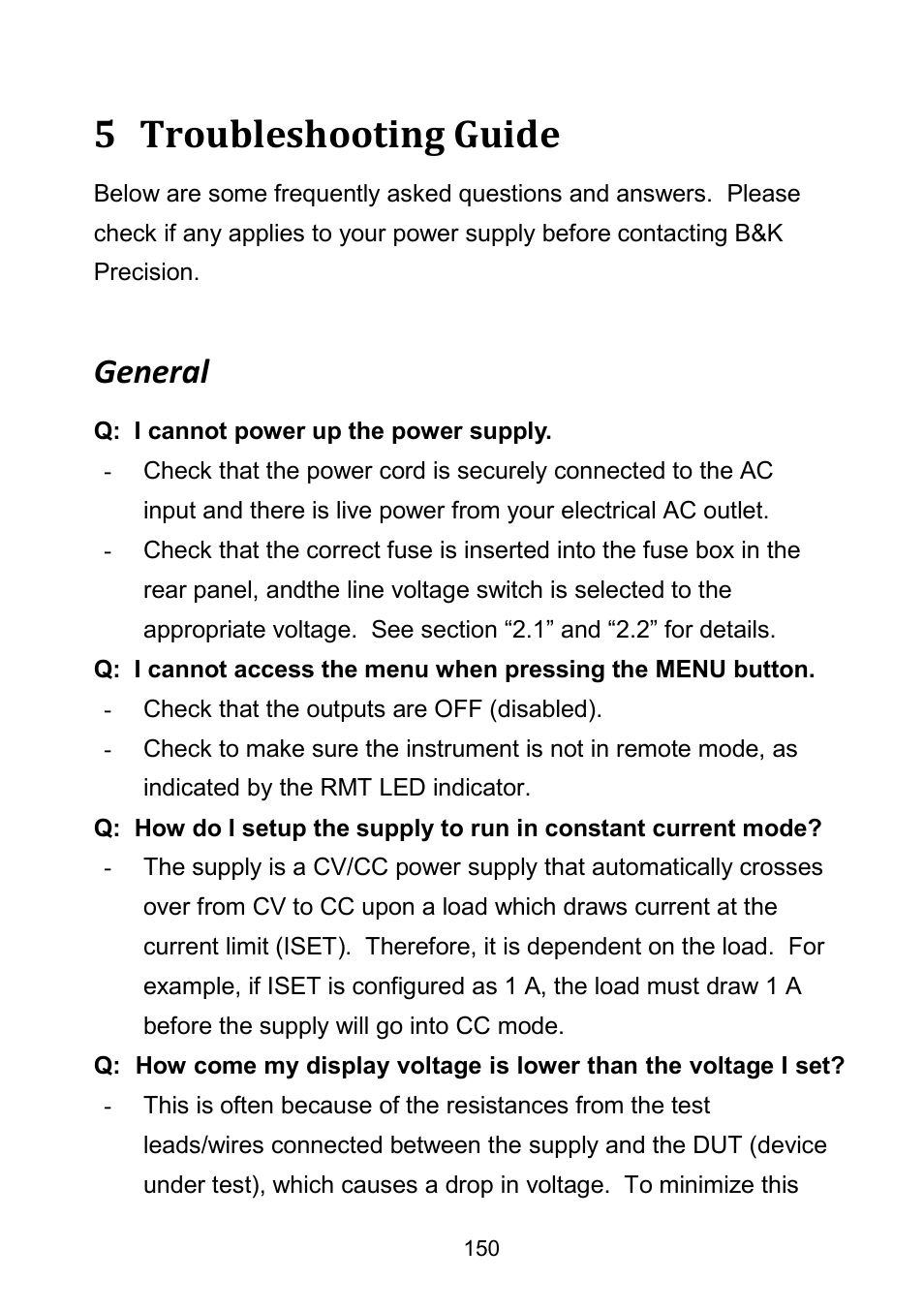 5 troubleshooting guide, General, Troubleshooting guide | B&K Precision 9171-9174 - Manual User Manual | Page 162 / 187