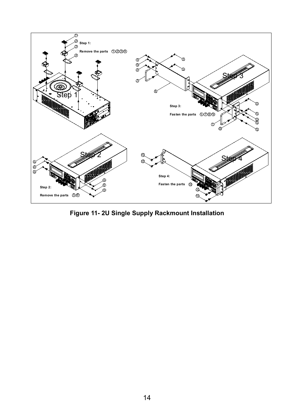 Step 2 step 1, Step 4, Step 3 | Figure 11- 2u single supply rackmount installation | B&K Precision 9171-9174 - Manual User Manual | Page 26 / 187