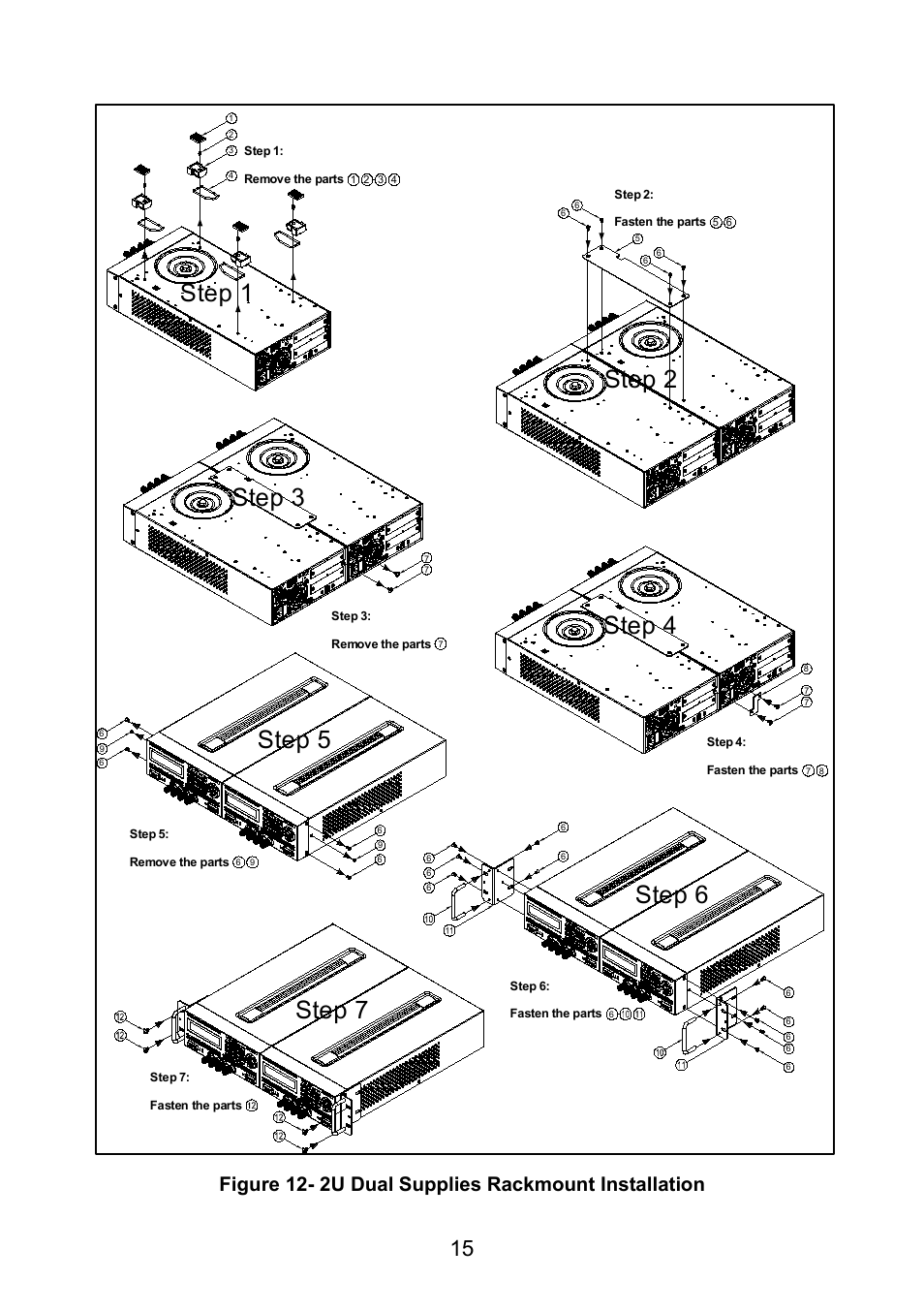 Step 1, Step 3, Step 5 | Step 2 step 4, Step 7, Step 6, Figure 12- 2u dual supplies rackmount installation | B&K Precision 9171-9174 - Manual User Manual | Page 27 / 187