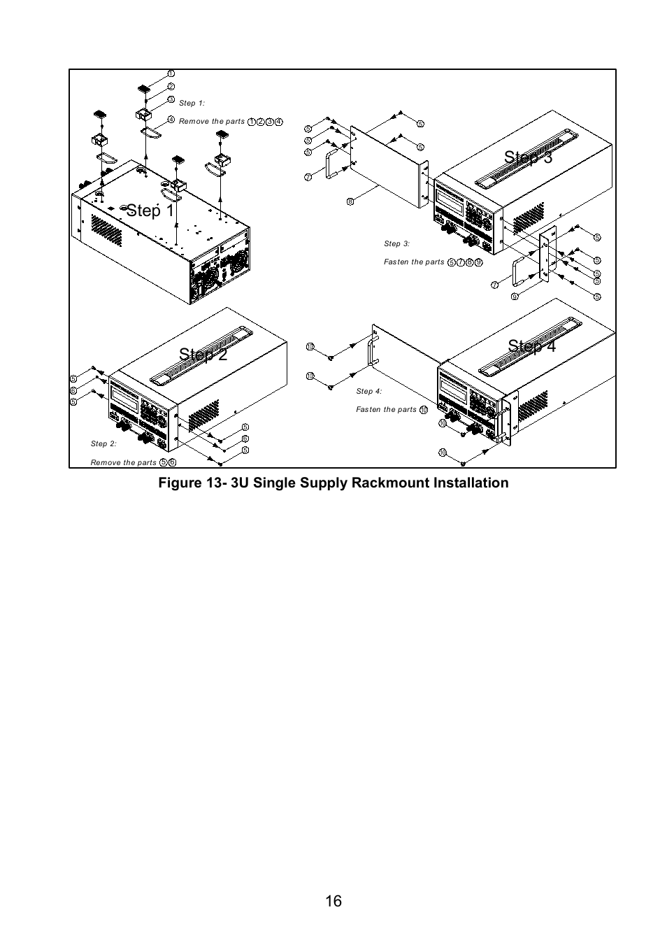 Step 2, Step 1, Step 4 | Step 3, Figure 13- 3u single supply rackmount installation | B&K Precision 9171-9174 - Manual User Manual | Page 28 / 187