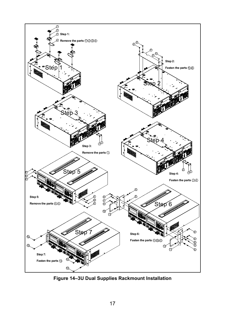 Step 1, Step 3, Step 5 | Step 2, Step 4, Step 7, Step 6, Figure 14–3u dual supplies rackmount installation | B&K Precision 9171-9174 - Manual User Manual | Page 29 / 187