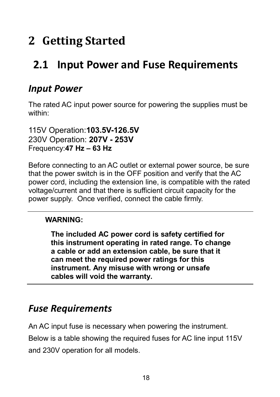 2 getting started, 1 input power and fuse requirements, Input power | Fuse requirements, Getting started, Input power and fuse requirements, Input power fuse requirements | B&K Precision 9171-9174 - Manual User Manual | Page 30 / 187