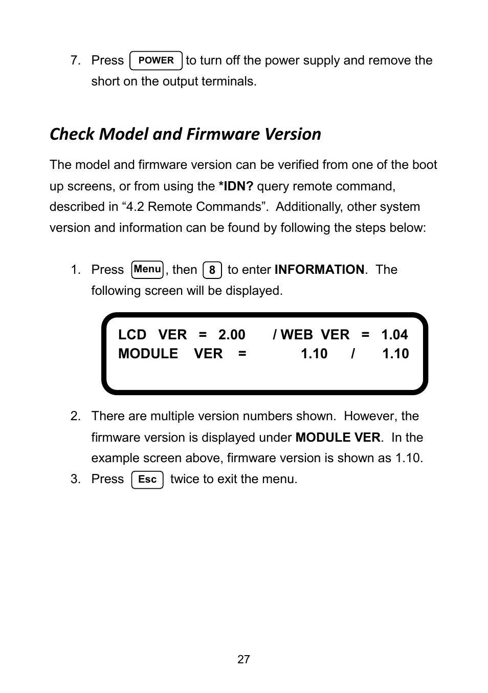 Check model and firmware version | B&K Precision 9171-9174 - Manual User Manual | Page 39 / 187