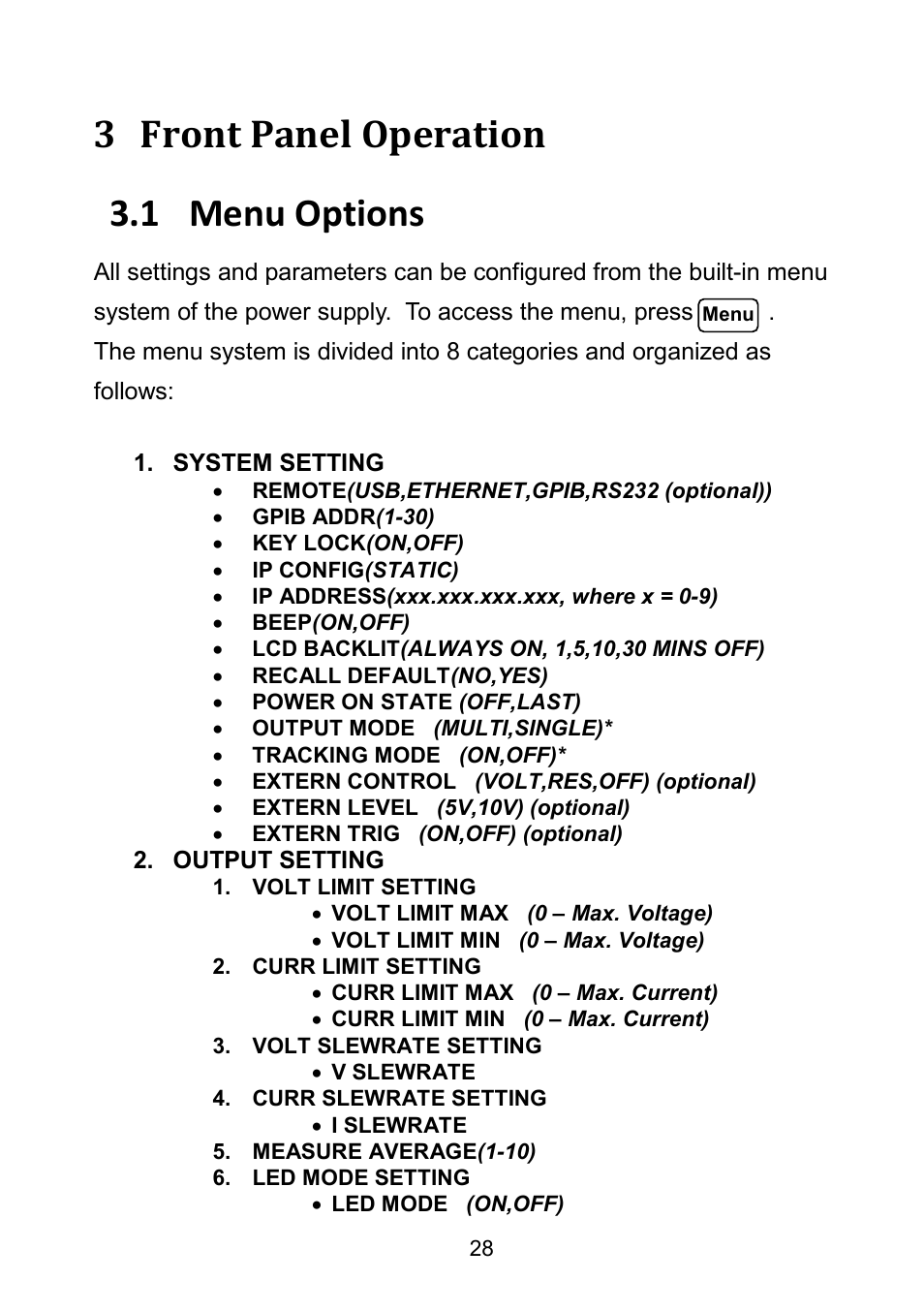 3 front panel operation, 1 menu options, Front panel operation | Menu options, 3 front panel operation 3.1 menu options | B&K Precision 9171-9174 - Manual User Manual | Page 40 / 187