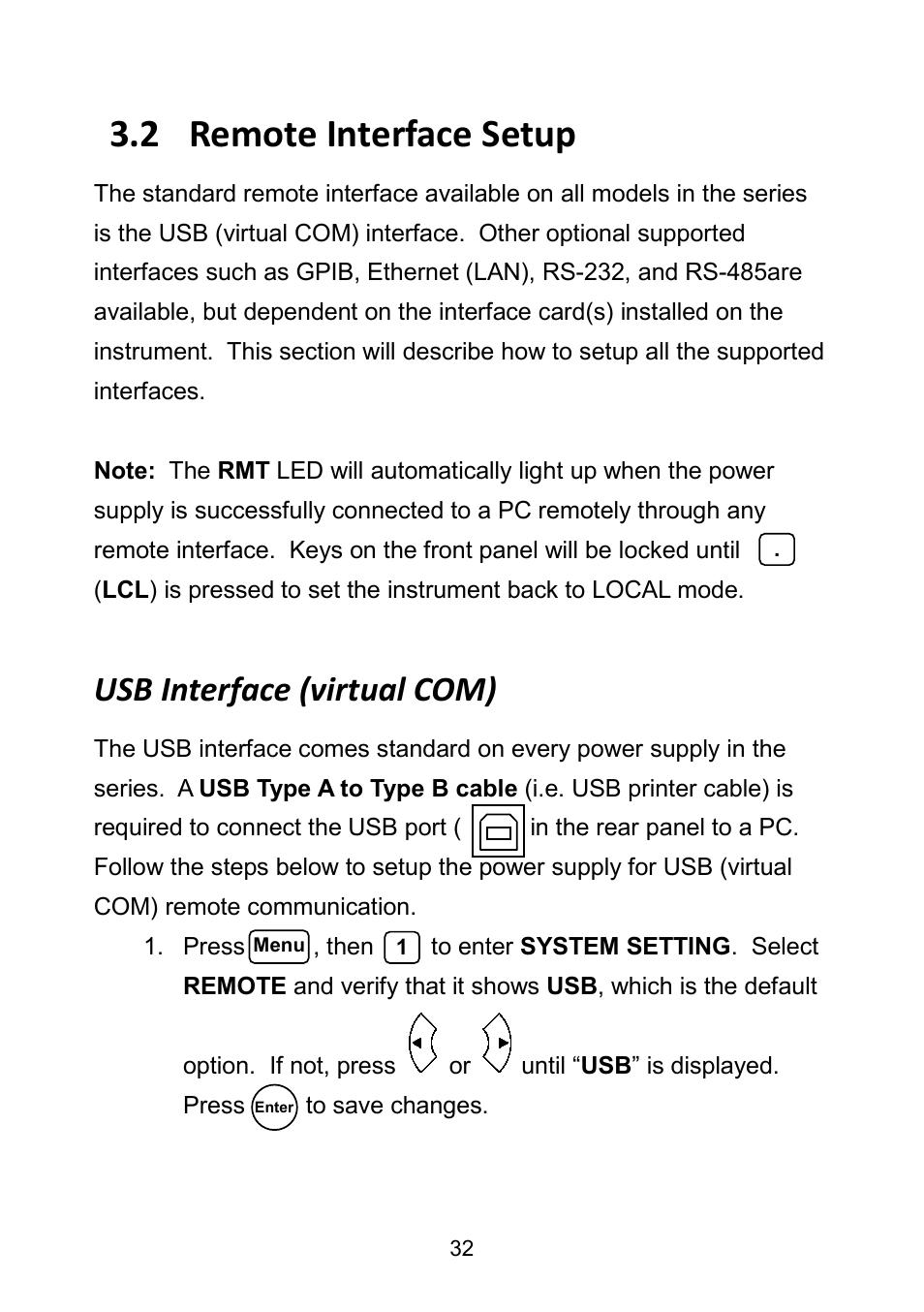 2 remote interface setup, Usb interface (virtual com), Remote interface setup | B&K Precision 9171-9174 - Manual User Manual | Page 44 / 187