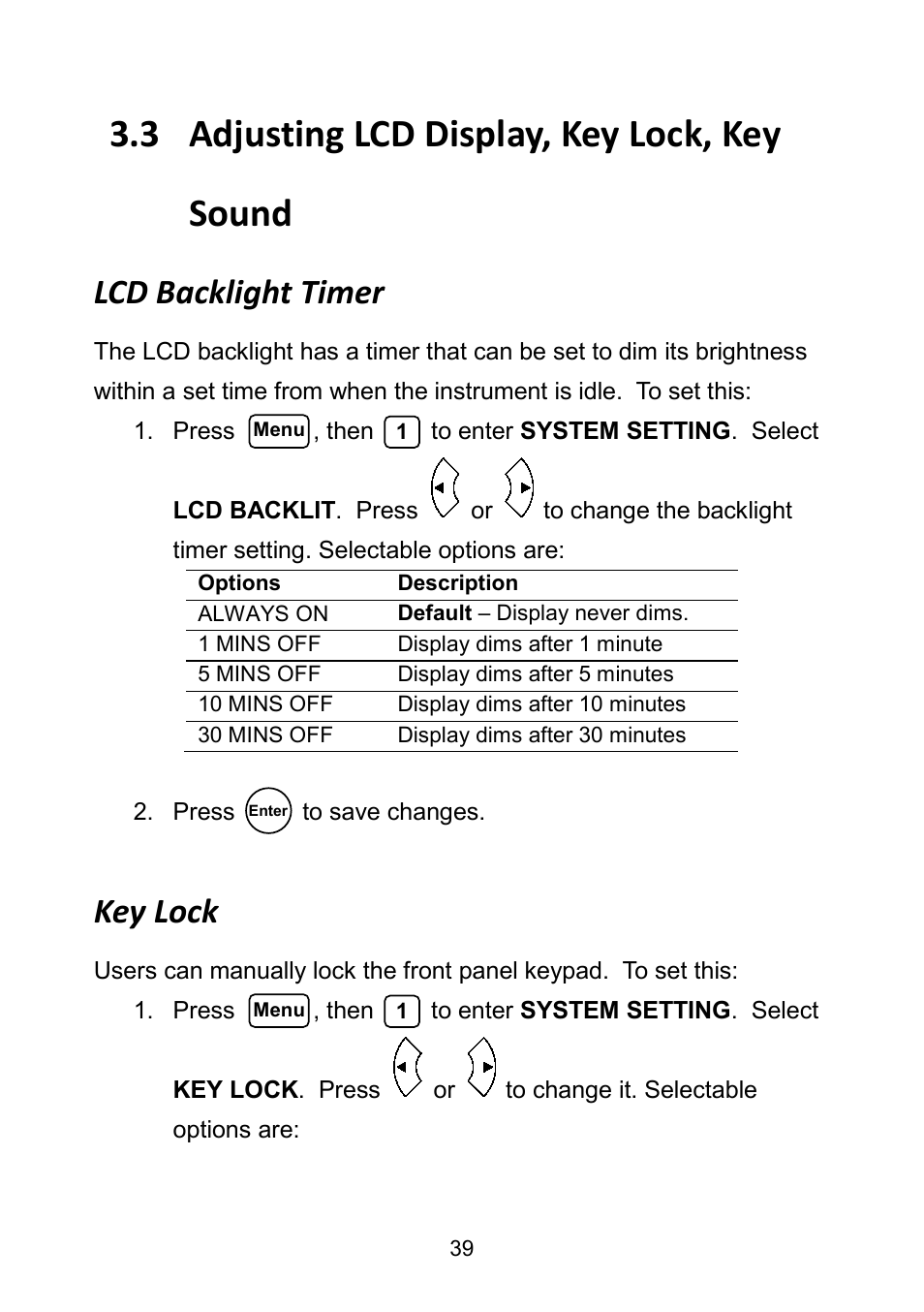 3 adjusting lcd display, key lock, key sound, Lcd backlight timer, Key lock | Adjusting lcd display, key lock, key sound, Lcd backlight timer key lock | B&K Precision 9171-9174 - Manual User Manual | Page 51 / 187