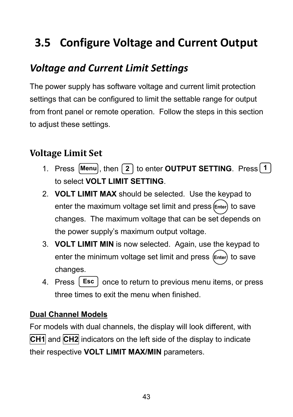 5 configure voltage and current output, Voltage and current limit settings, Voltage limit set | Dual channel models, Configure voltage and current output | B&K Precision 9171-9174 - Manual User Manual | Page 55 / 187