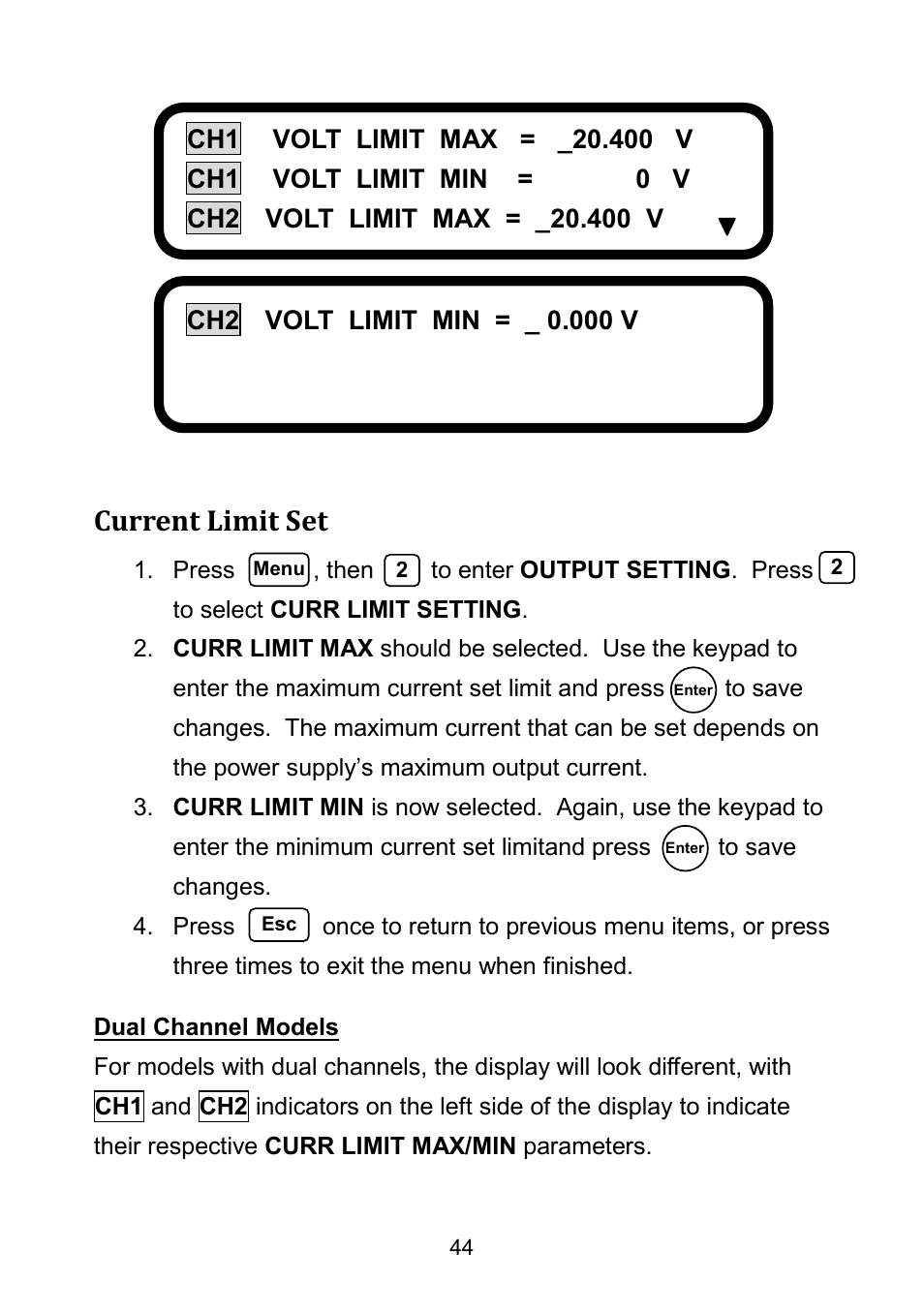 Current limit set, Dual channel models | B&K Precision 9171-9174 - Manual User Manual | Page 56 / 187