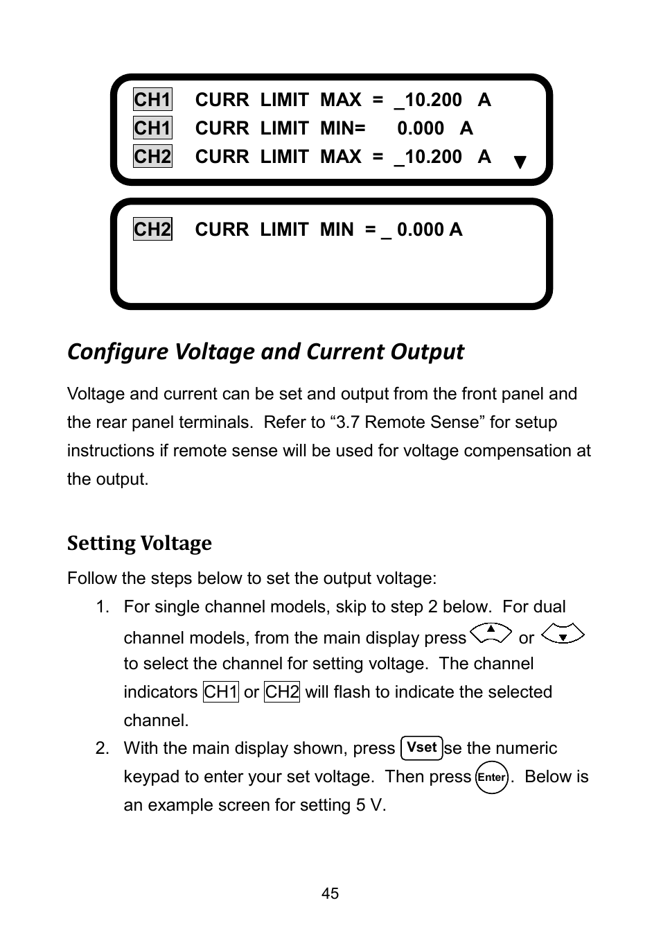 Configure voltage and current output, Setting voltage | B&K Precision 9171-9174 - Manual User Manual | Page 57 / 187