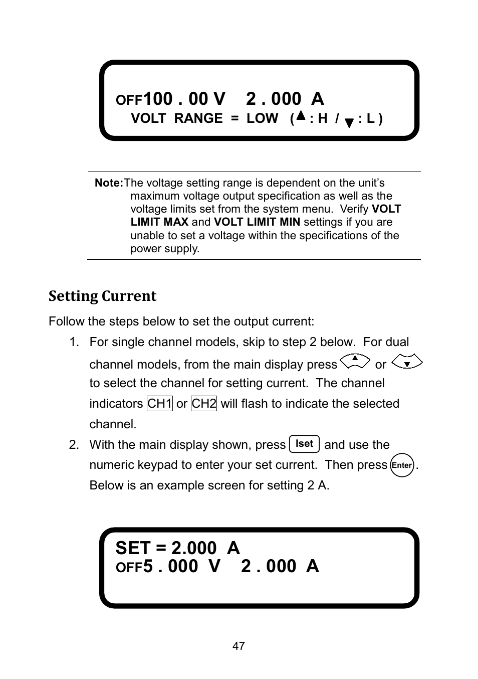 Setting current, Set = 2.000 a | B&K Precision 9171-9174 - Manual User Manual | Page 59 / 187