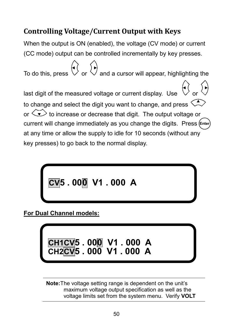 Controlling voltage/current output with keys, Ch1cv, Ch2cv | B&K Precision 9171-9174 - Manual User Manual | Page 62 / 187