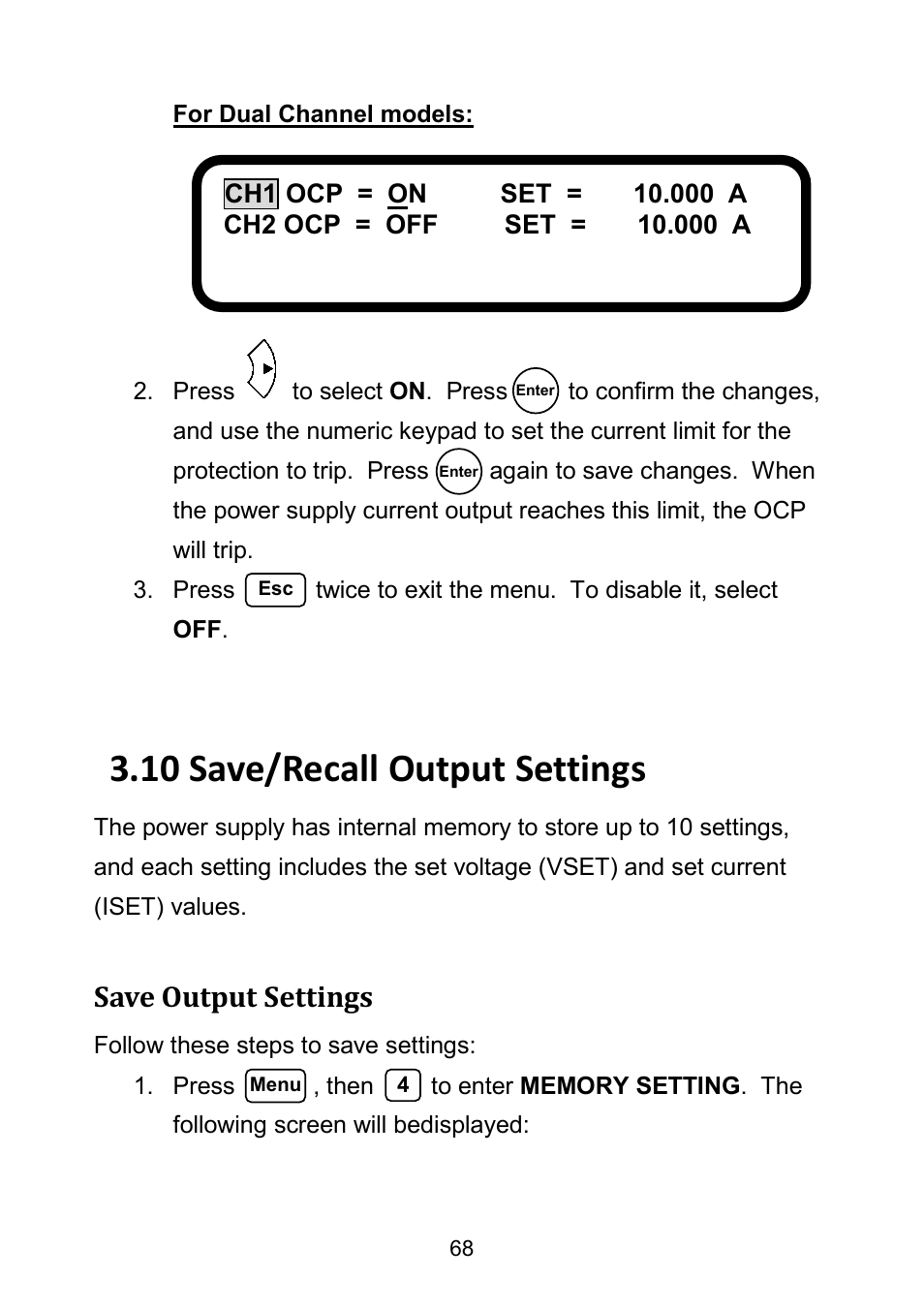 10 save/recall output settings, Save output settings, Save/recall output settings | B&K Precision 9171-9174 - Manual User Manual | Page 80 / 187