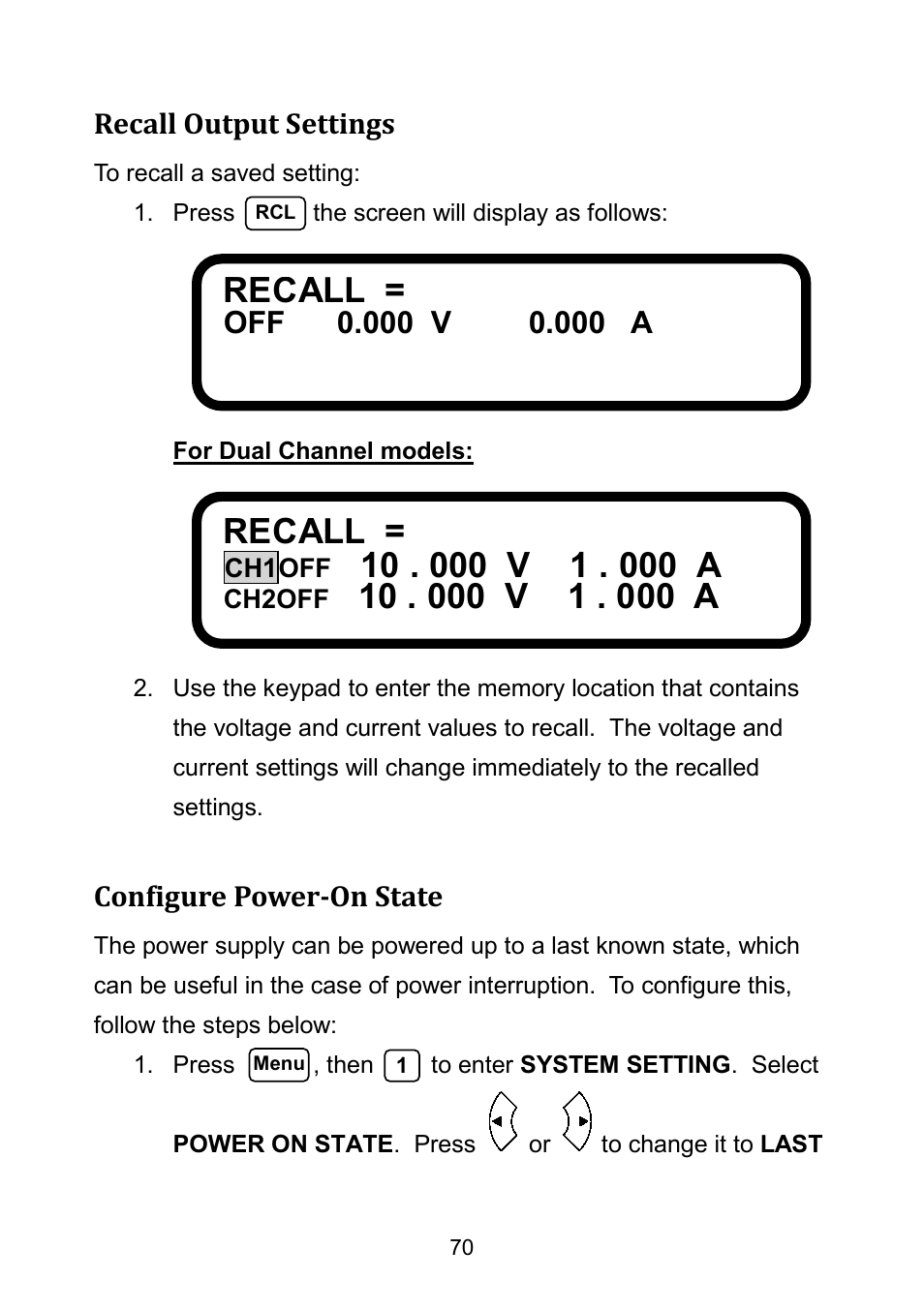 Recall output settings, Configure power-on state, Recall | B&K Precision 9171-9174 - Manual User Manual | Page 82 / 187