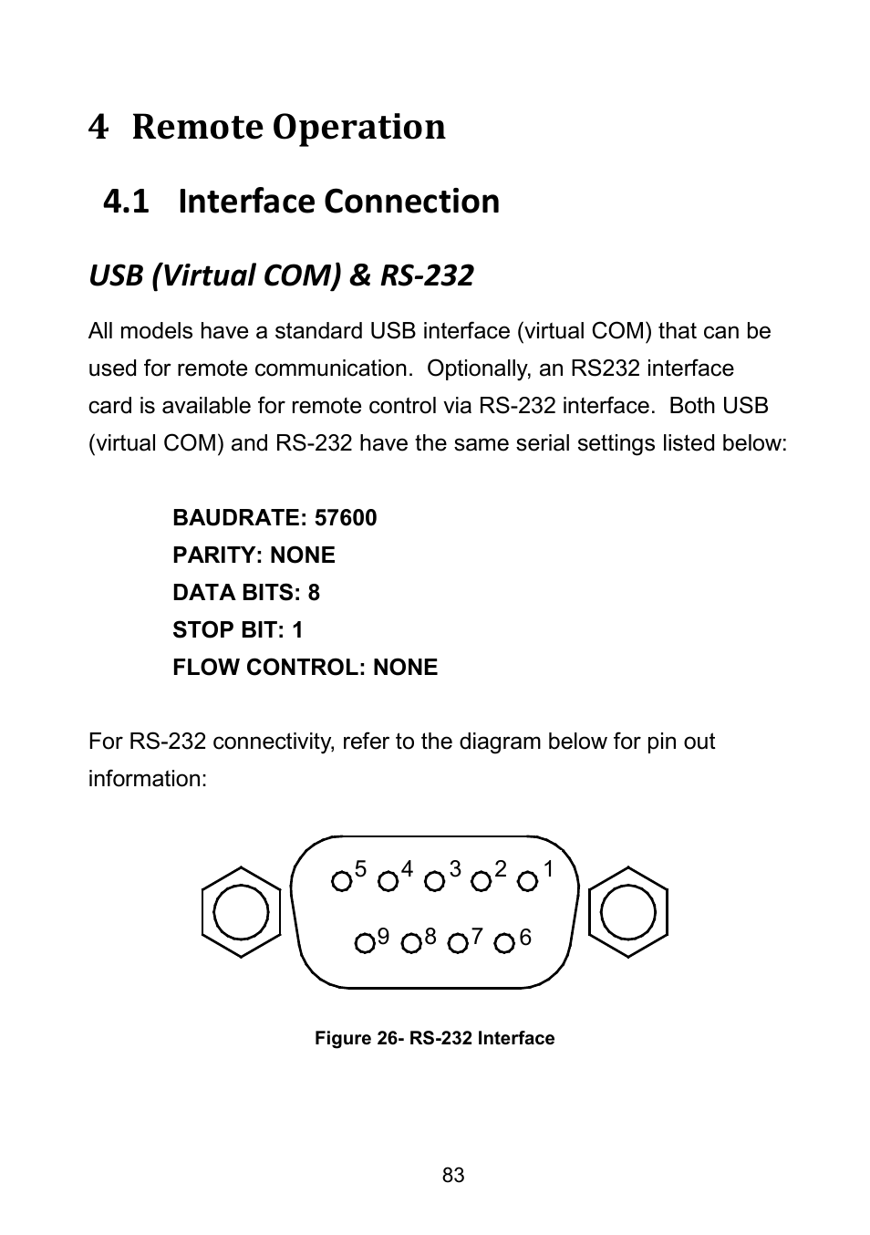 4 remote operation, 1 interface connection, Usb (virtual com) & rs-232 | Remote operation, Interface connection, 4 remote operation 4.1 interface connection | B&K Precision 9171-9174 - Manual User Manual | Page 95 / 187