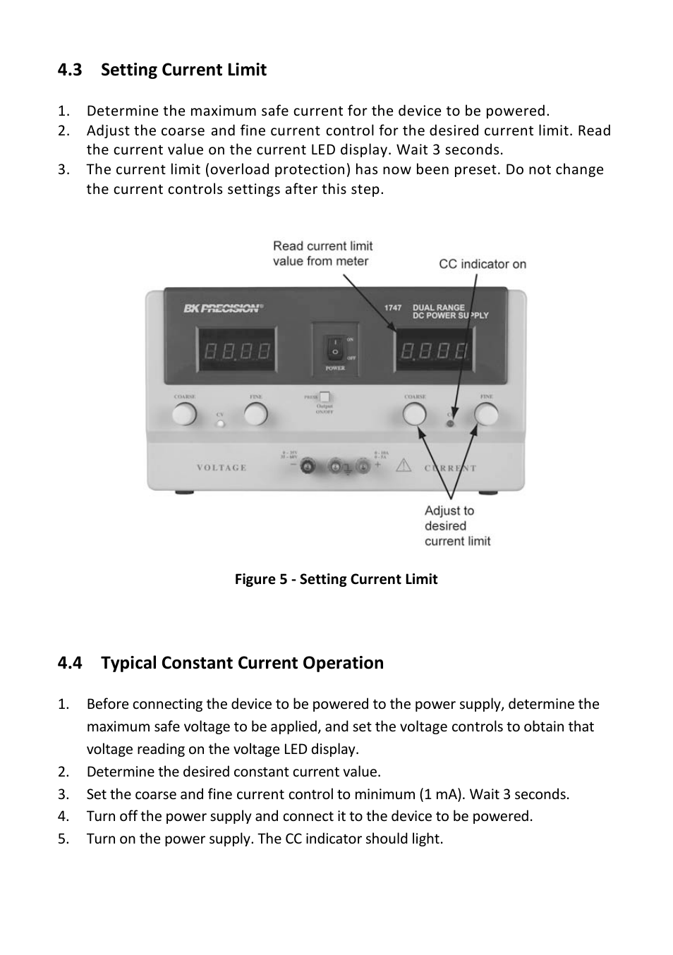 3 setting current limit, 4 typical constant current operation, Setting current limit | Typical constant current operation | B&K Precision 1747 - Manual User Manual | Page 14 / 37