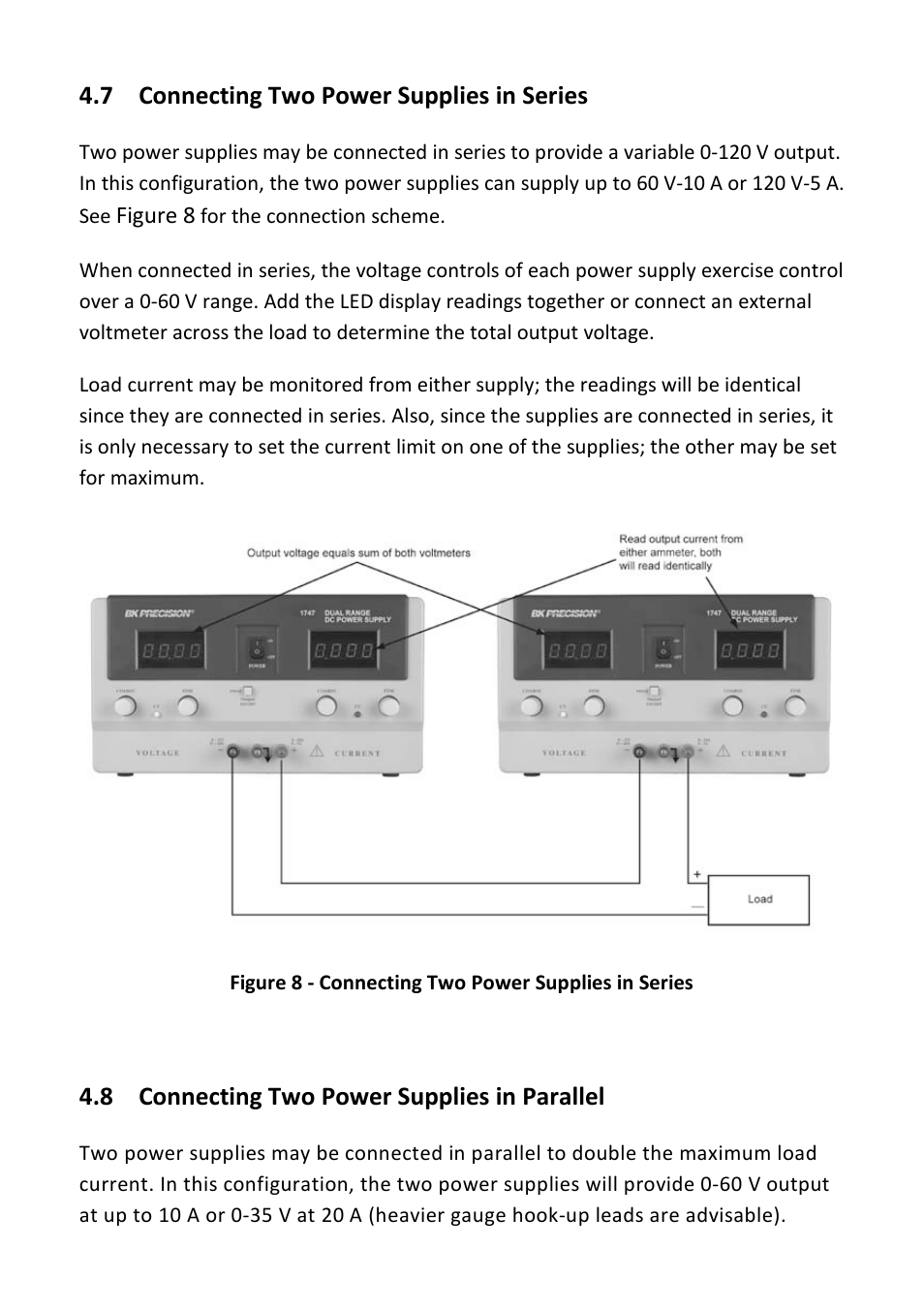 7 connecting two power supplies in series, 8 connecting two power supplies in parallel, Connecting two power supplies in series | Connecting two power supplies in parallel | B&K Precision 1747 - Manual User Manual | Page 17 / 37