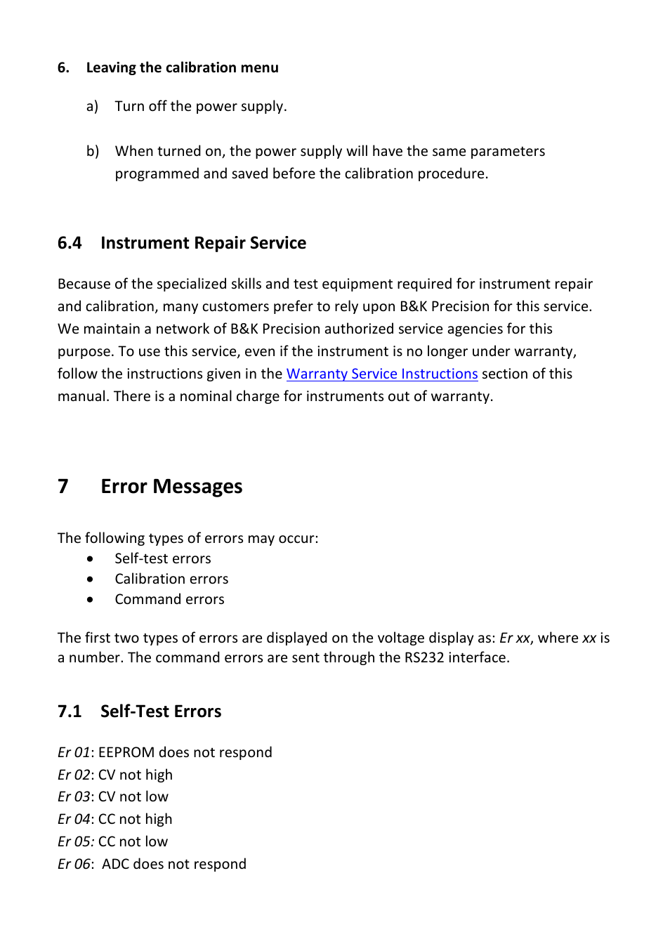 4 instrument repair service, 7 error messages, 1 self-test errors | Instrument repair service, Error messages, Self-test errors | B&K Precision 1747 - Manual User Manual | Page 29 / 37