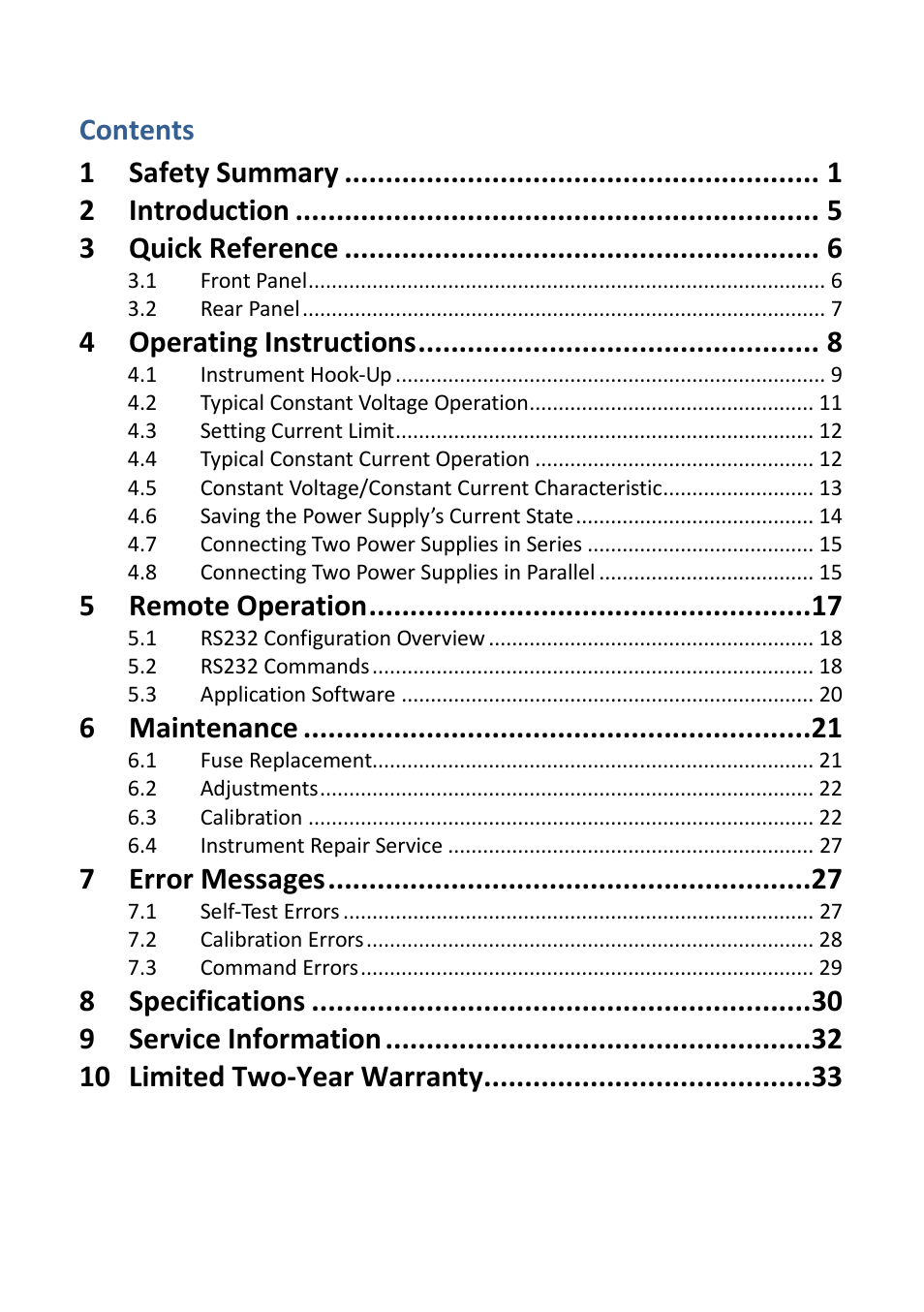 Contents 1, Safety summary, Introduction | Quick reference, Operating instructions, Remote operation, Maintenance, Error messages, Specifications, Service information | B&K Precision 1747 - Manual User Manual | Page 6 / 37