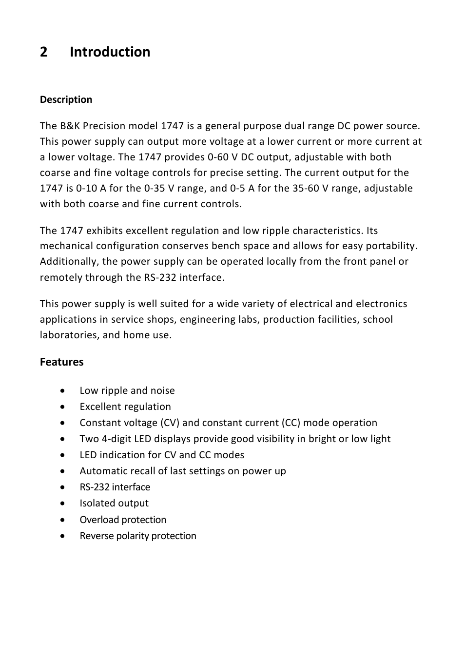 2 introduction, Automatic recall of last settings on power up, Rs-232 interface | Introduction | B&K Precision 1747 - Manual User Manual | Page 7 / 37